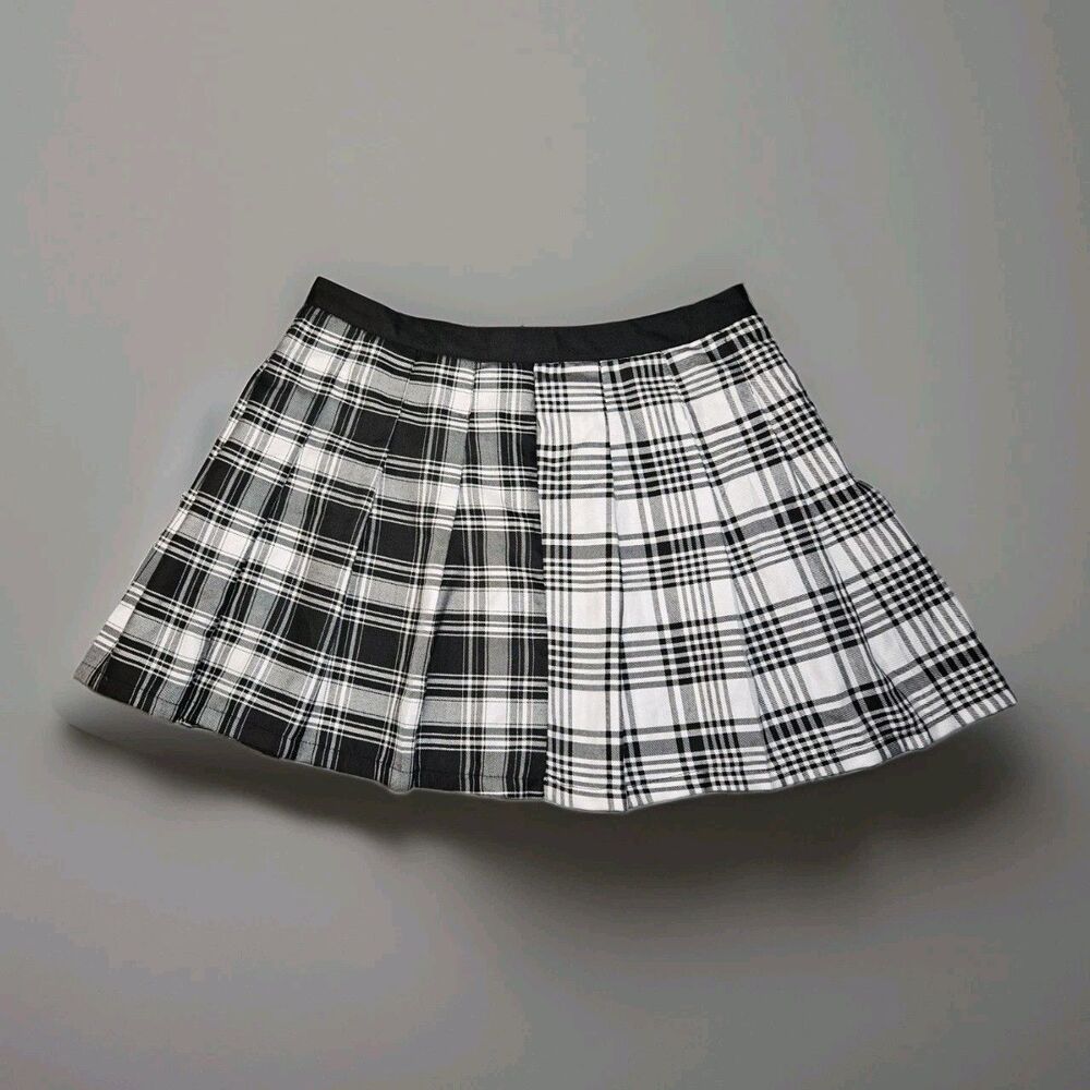 Riley & James Women's XL Plaid Pleated Mini Skirt Black White Gray Preppy